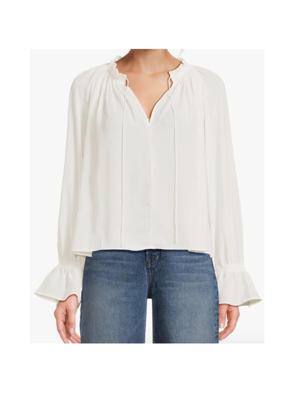 Madewell Nayla White Ruffle-Cuff Tie Neck Blouse